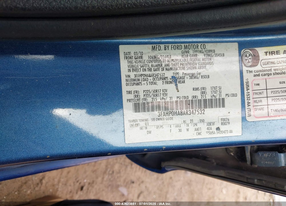 2010 FORD FUSION VIN: 3FAHP0HA8AR347532