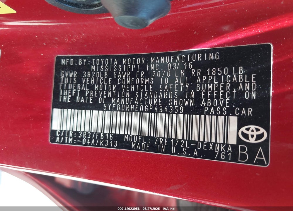 2016 TOYOTA COROLLA VIN: 5YFBURHE0GP494359