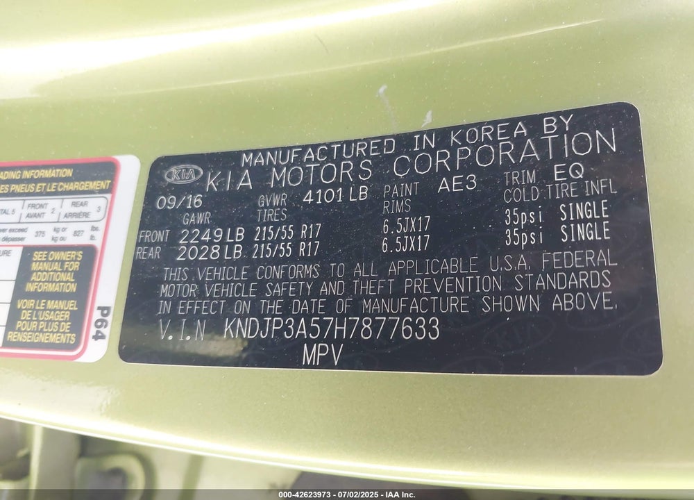 2017 KIA SOUL VIN: KNDJP3A57H7877633