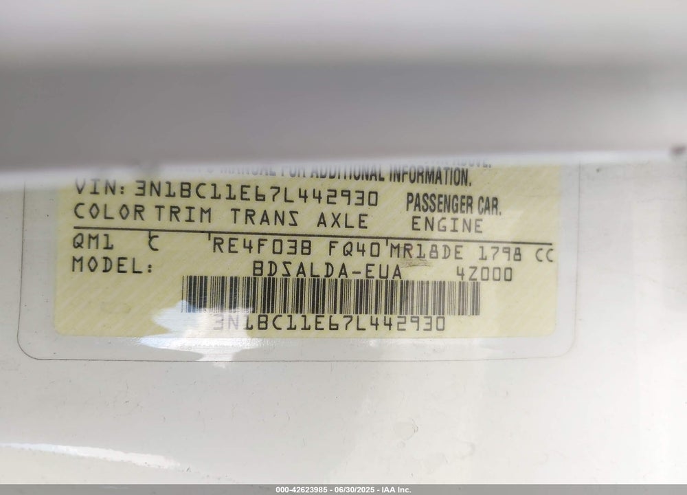 2007 NISSAN VERSA VIN: 3N1BC11E67L442930