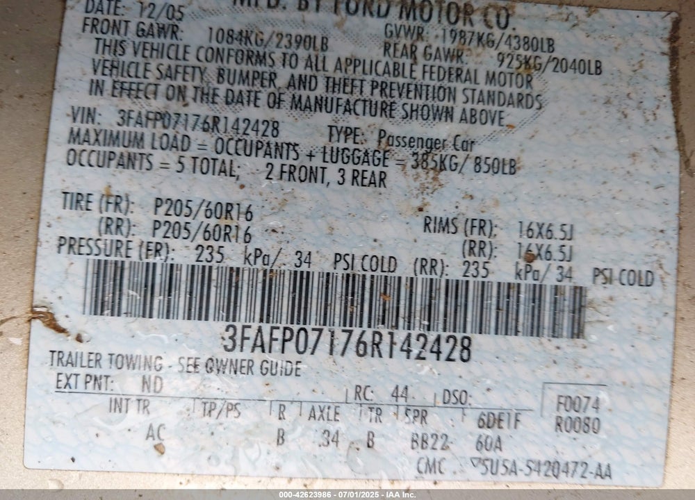 2006 FORD FUSION VIN: 3FAFP07176R142428