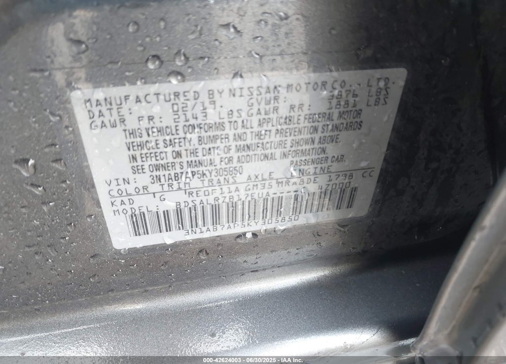 2019 NISSAN SENTRA VIN: 3N1AB7AP5KY305850