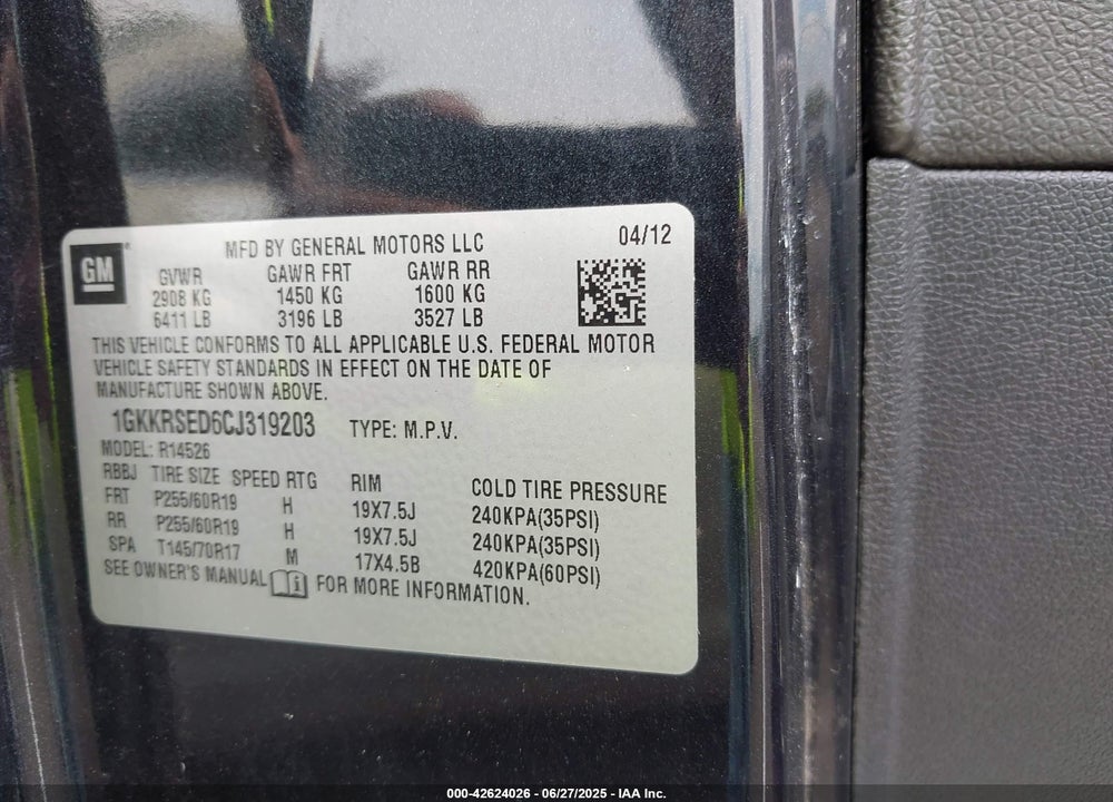 2012 GMC ACADIA VIN: 1GKKRSED6CJ319203