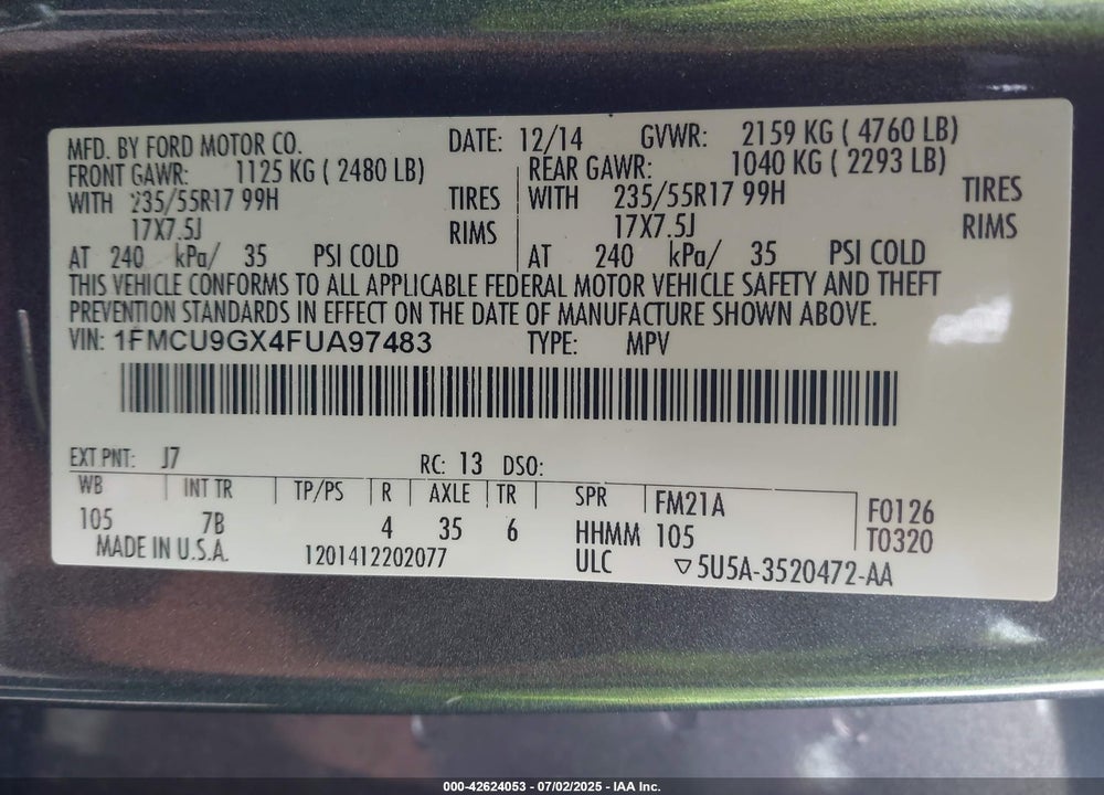 2015 FORD ESCAPE VIN: 1FMCU9GX4FUA97483