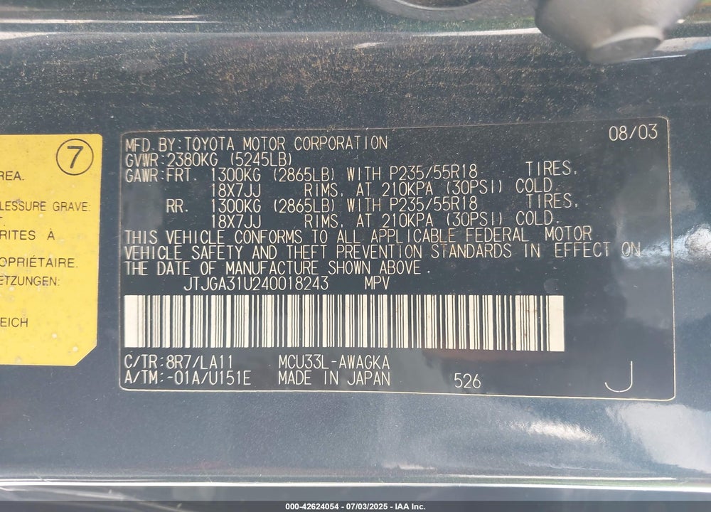 2004 LEXUS RX 330 VIN: JTJGA31U240018243