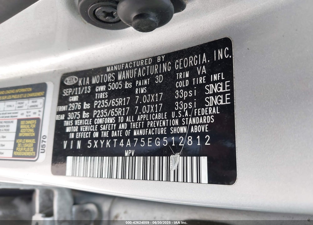 2014 KIA SORENTO VIN: 5XYKT4A75EG512812