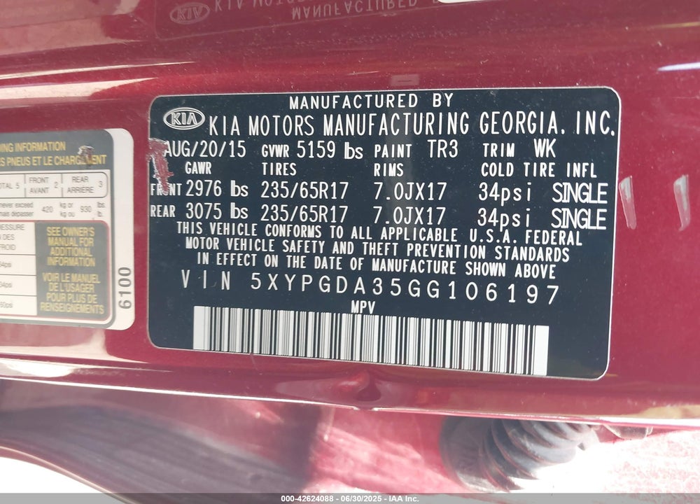 2016 KIA SORENTO 2.4L LX VIN: 5XYPGDA35GG106197