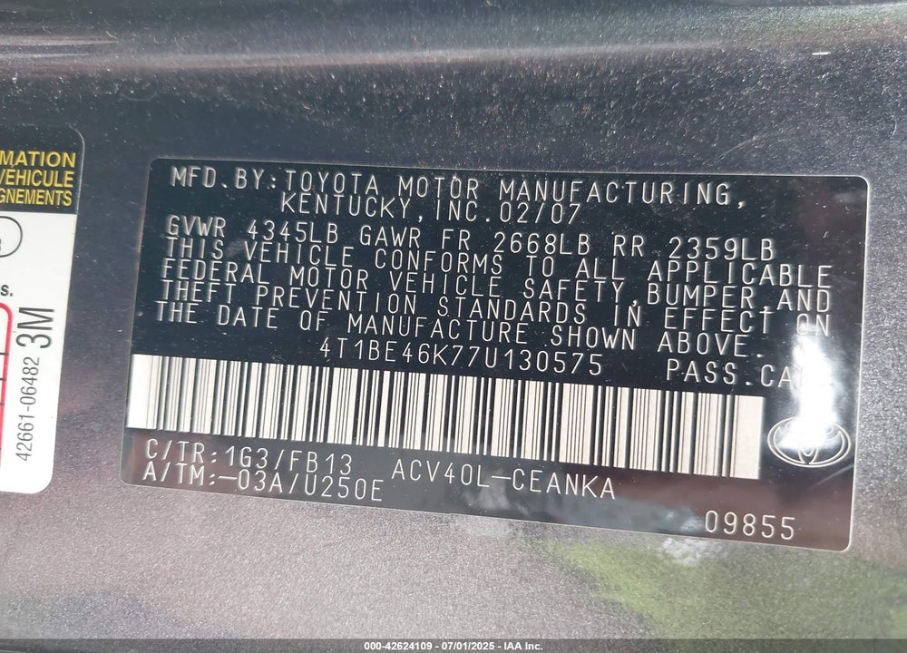 2007 TOYOTA CAMRY VIN: 4T1BE46K77U130575