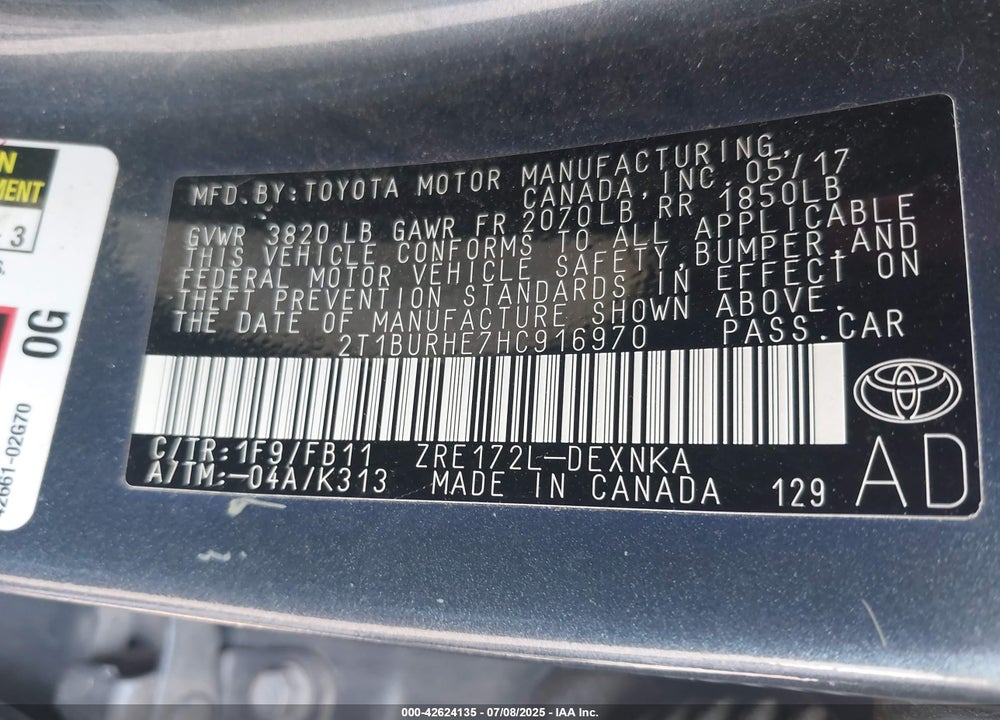 2017 TOYOTA COROLLA LE VIN: 2T1BURHE7HC916970