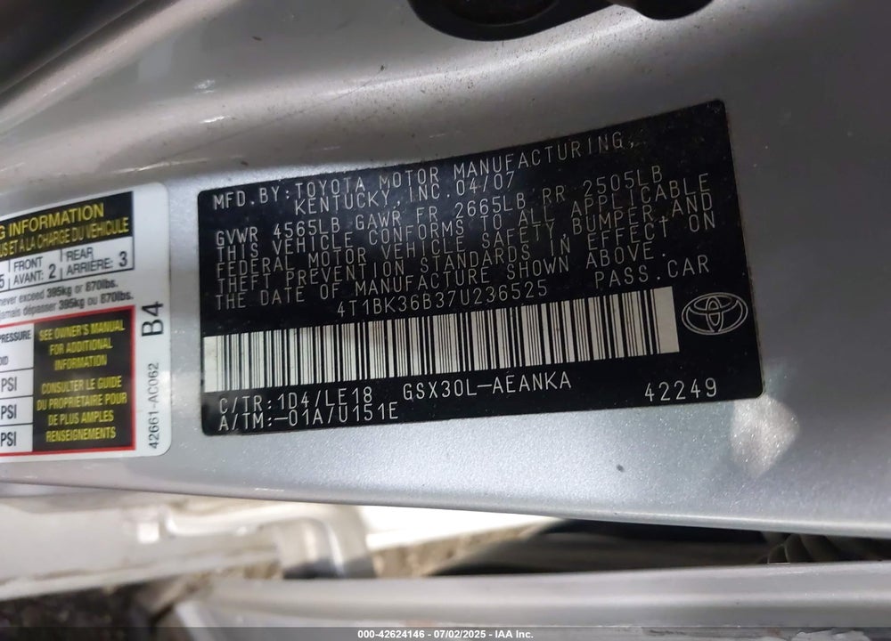 2007 TOYOTA AVALON VIN: 4T1BK36B37U236525