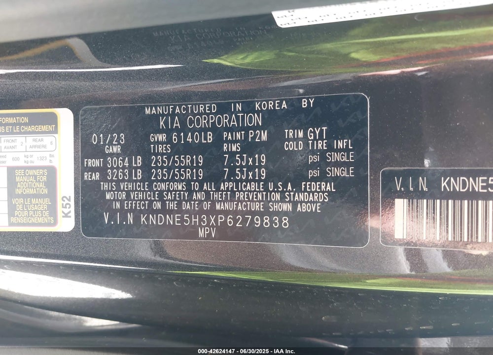2023 KIA CARNIVAL VIN: KNDNE5H3XP6279838