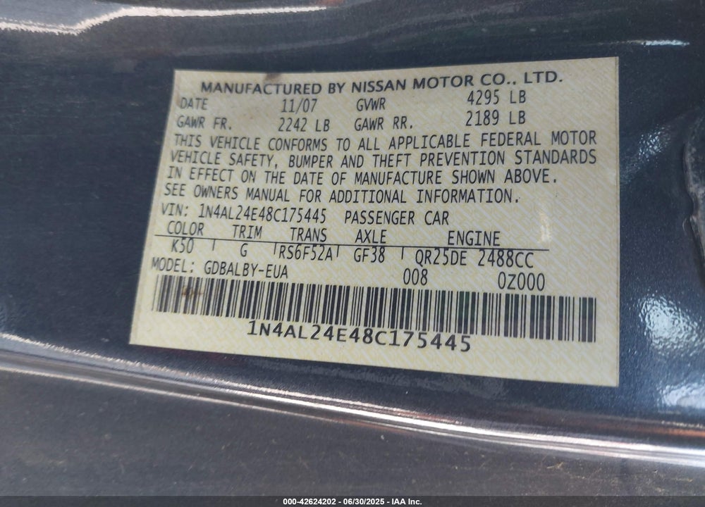 2008 NISSAN ALTIMA VIN: 1N4AL24E48C175445