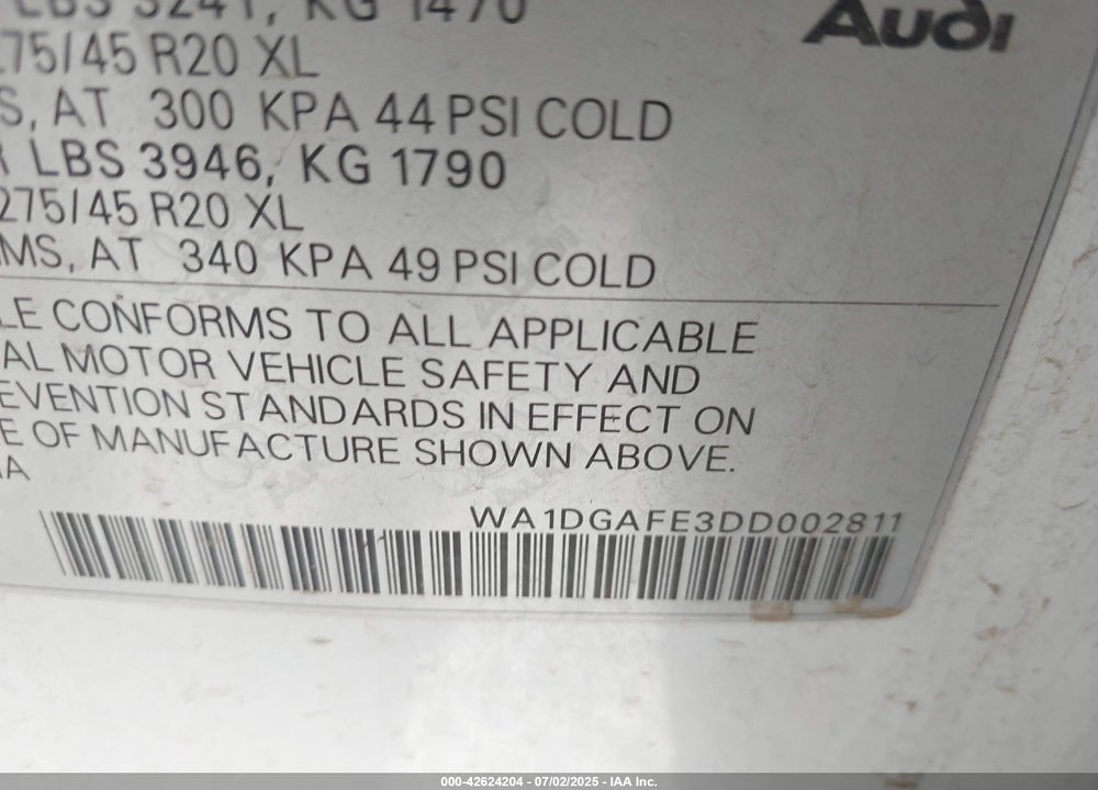 2013 AUDI Q7 3.0T S LINE PRESTIGE VIN: WA1DGAFE3DD002811