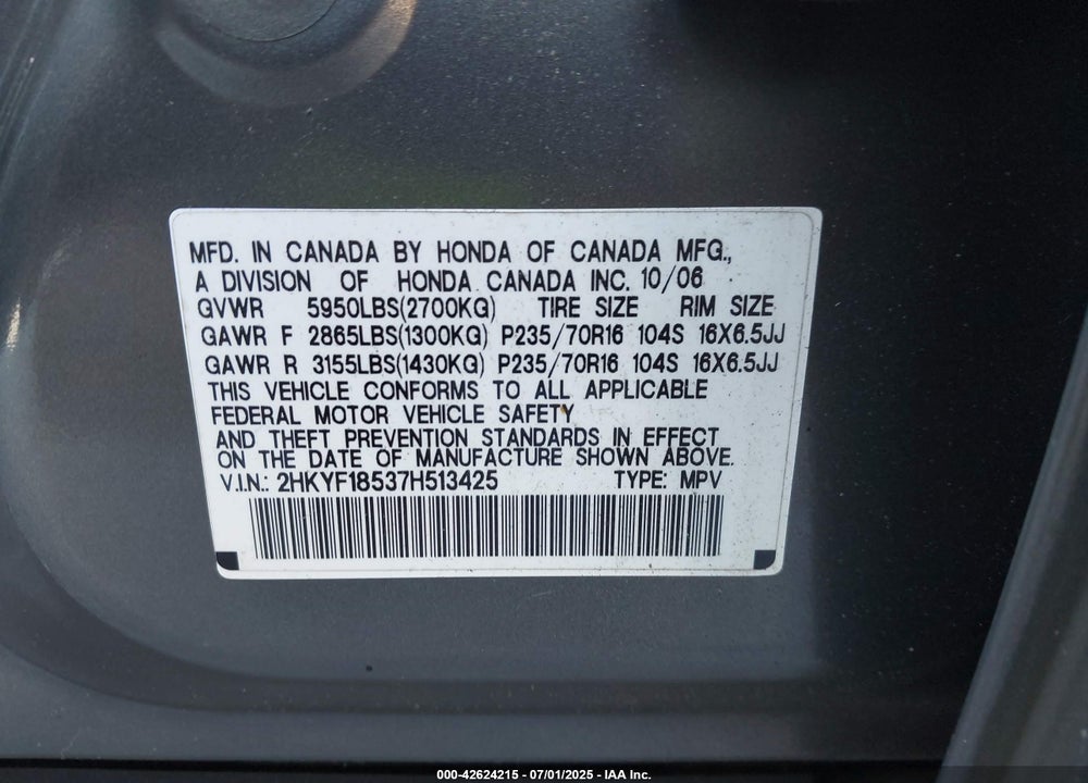 2007 HONDA PILOT VIN: 2HKYF18537H513425