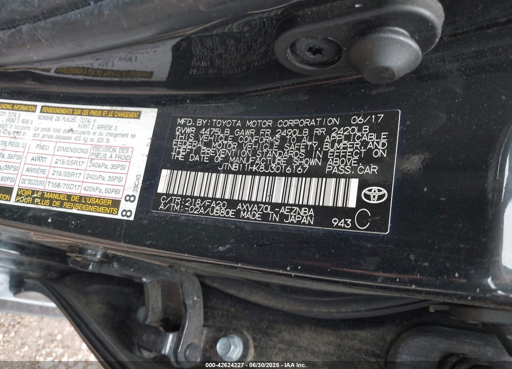2018 TOYOTA CAMRY VIN: JTNB11HK8J3016167