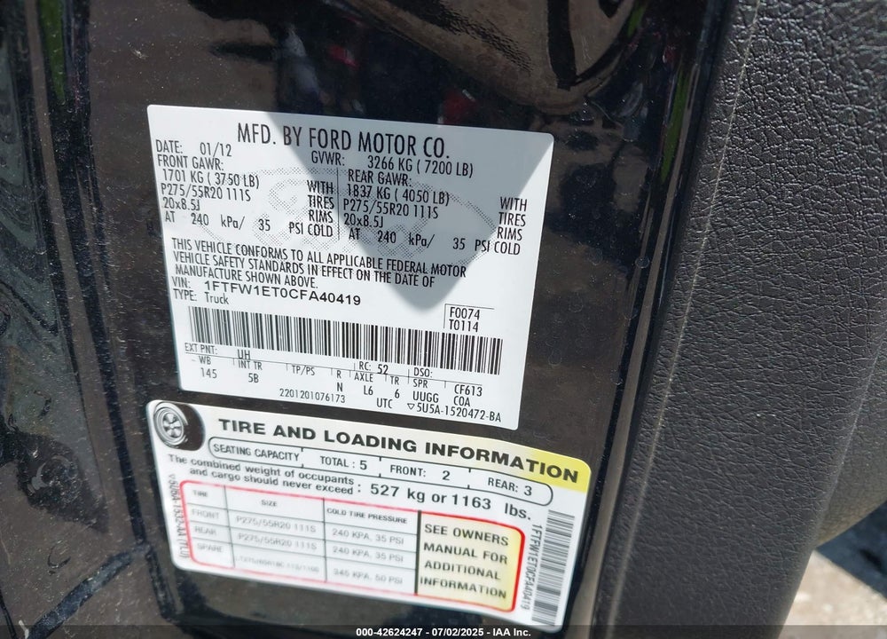2012 FORD F-150 FX4 VIN: 1FTFW1ET0CFA40419