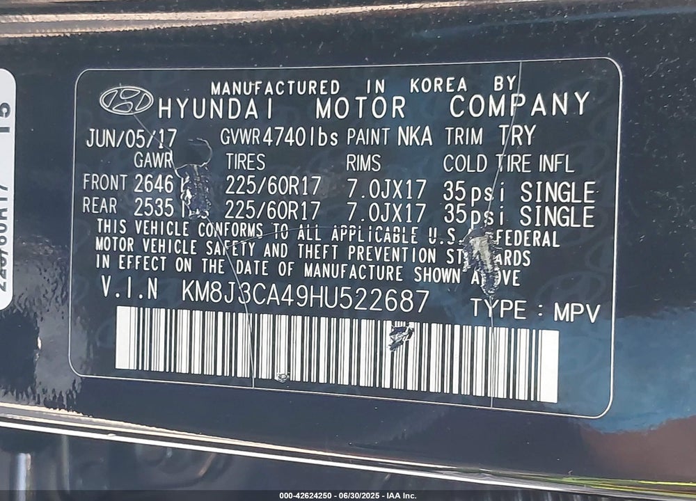 2017 HYUNDAI TUCSON VIN: KM8J3CA49HU522687