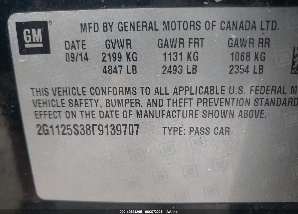 2015 CHEVROLET IMPALA 2LT VIN: 2G1125S38F9139707