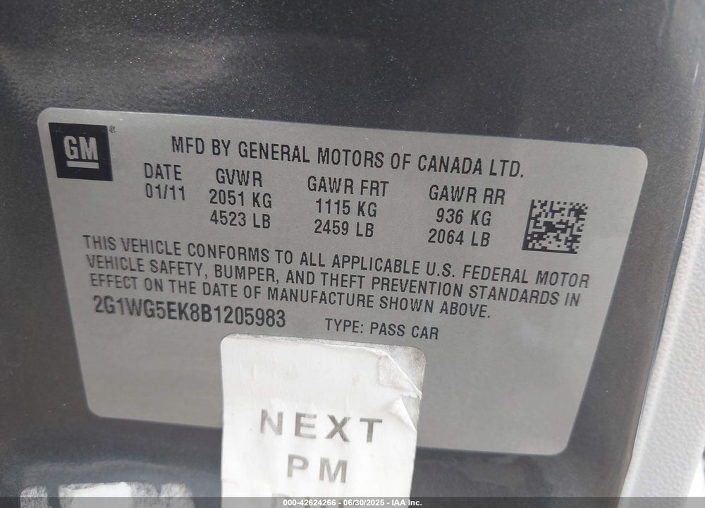 2011 CHEVROLET IMPALA VIN: 2G1WG5EK8B1205983