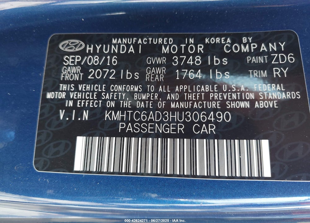 2017 HYUNDAI VELOSTER VIN: KMHTC6AD3HU306490