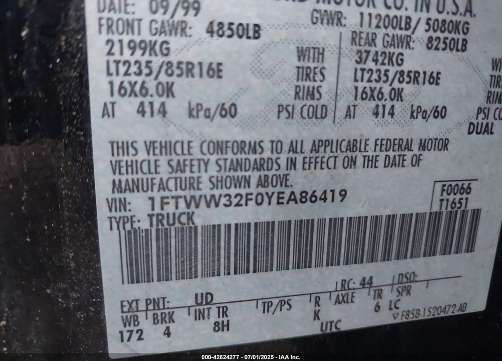 2000 FORD F 350 VIN: 1FTWW32F0YEA86419