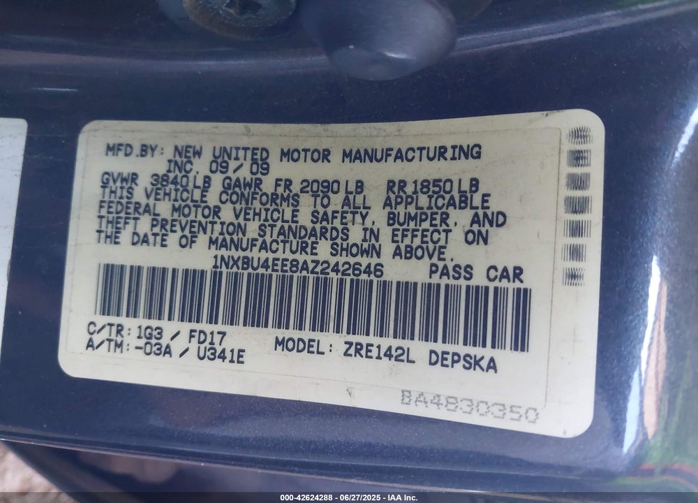 2010 TOYOTA COROLLA VIN: 1NXBU4EE8AZ242646