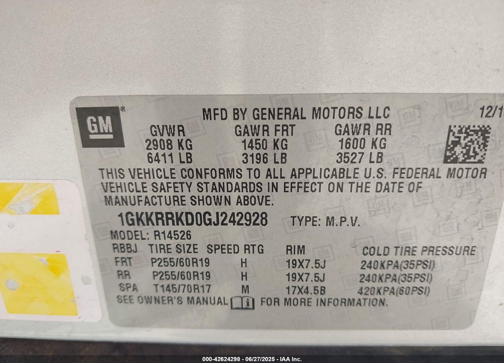 2016 GMC ACADIA VIN: 1GKKRRKD0GJ242928
