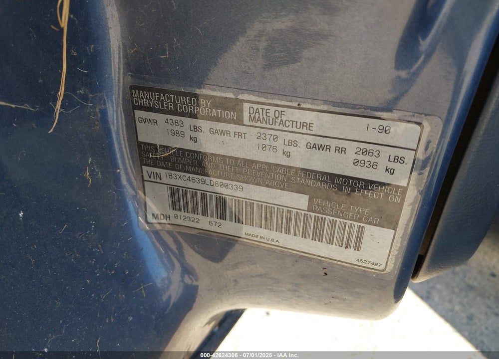 1990 DODGE DYNASTY VIN: 1B3XC4639LD800339