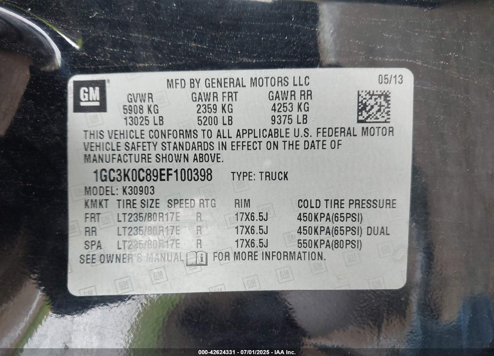 2014 CHEVROLET SILVERADO 3500HD LT VIN: 1GC3K0C89EF100398