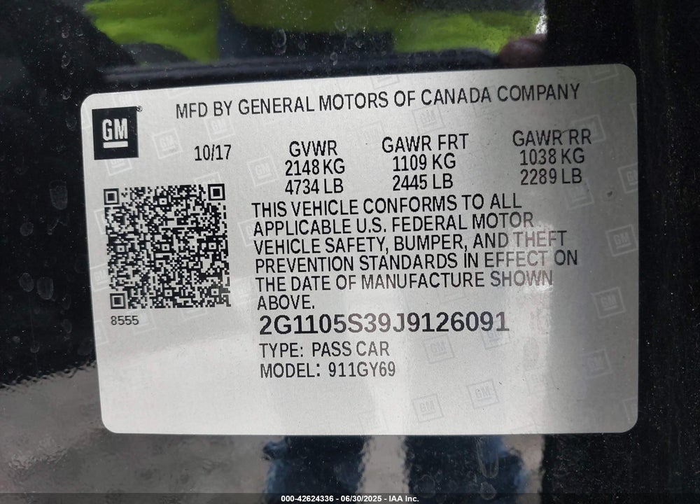 2018 CHEVROLET IMPALA VIN: 2G1105S39J9126091