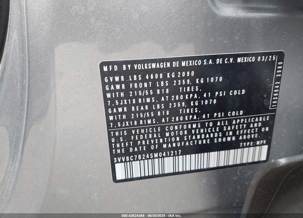 2025 VOLKSWAGEN TAOS VIN: 3VV8C7B24SM041217