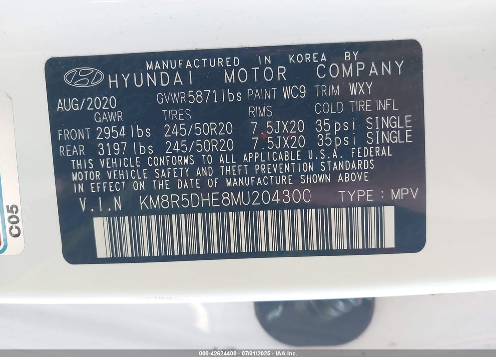 2021 HYUNDAI PALISADE VIN: KM8R5DHE8MU204300