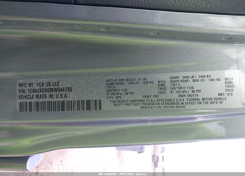 2021 JEEP WRANGLER UNLIMITED VIN: 1C4HJXDN2MW544730