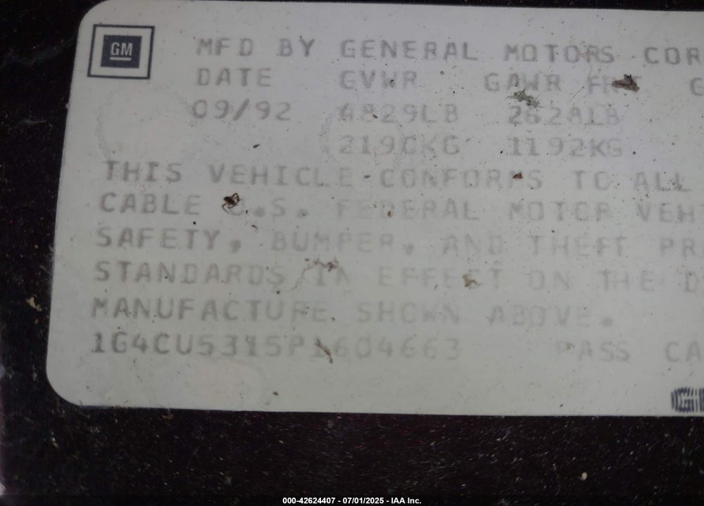 1993 BUICK PARK AVENUE VIN: 1G4CU5315P1604663