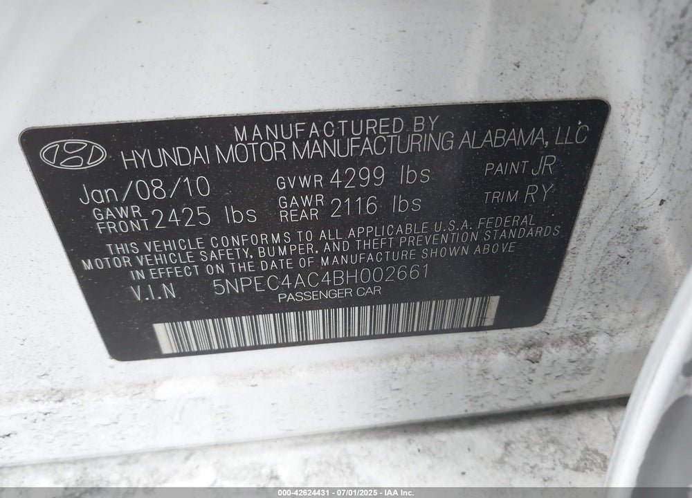 2011 HYUNDAI SONATA VIN: 5NPEC4AC4BH002661