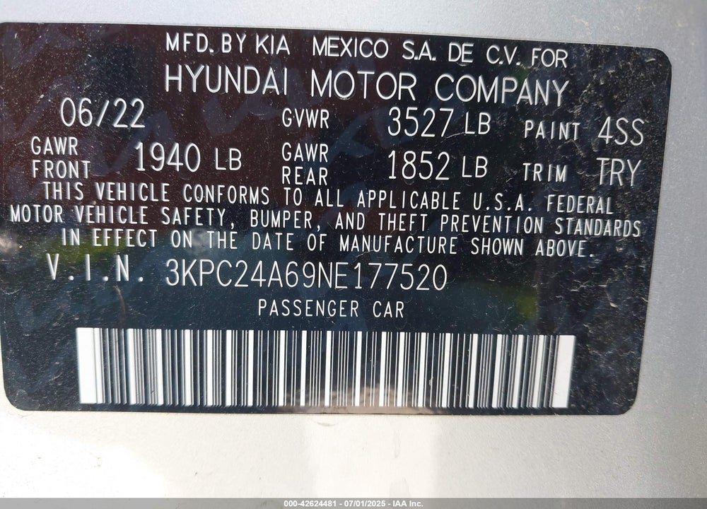 2022 HYUNDAI ACCENT VIN: 3KPC24A69NE177520