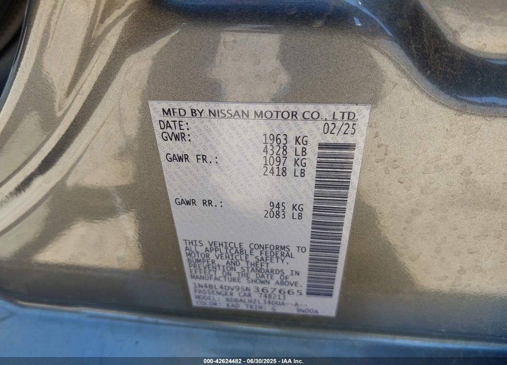 2025 NISSAN ALTIMA SV FWD VIN: 1N4BL4DV9SN367665