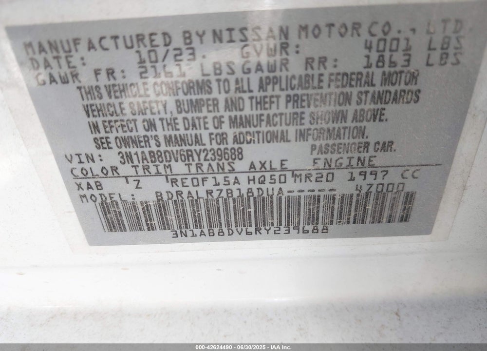 2024 NISSAN SENTRA VIN: 3N1AB8DV6RY239688