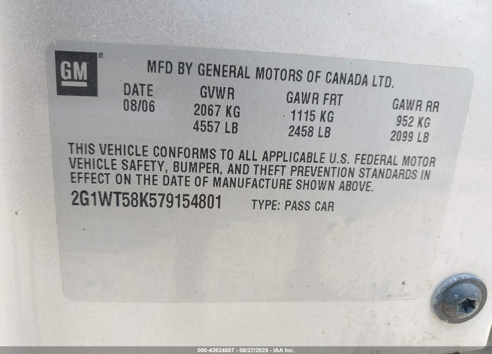 2007 CHEVROLET IMPALA VIN: 2G1WT58K579154801