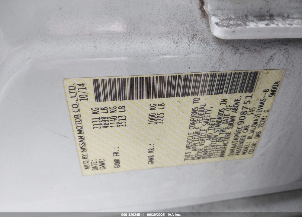2014 NISSAN MAXIMA VIN: 1N4AA5AP6EC908751