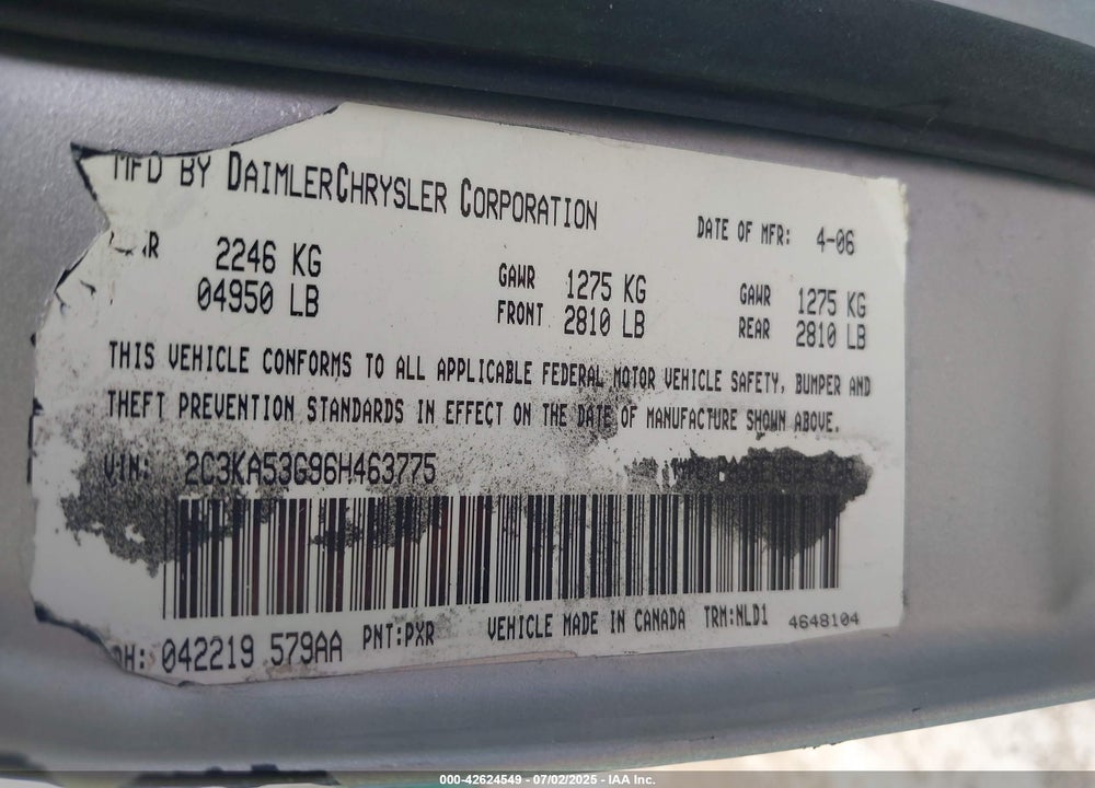 2007 CHRYSLER 300C VIN: 2C3KA63H67H604379