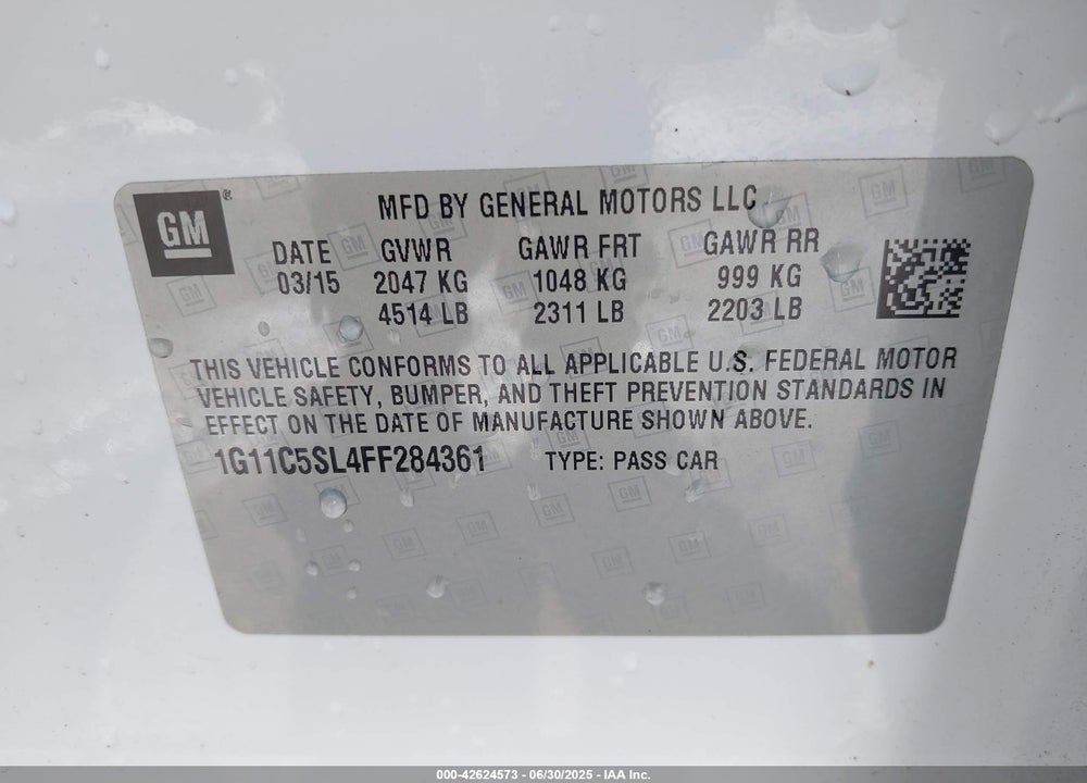2015 CHEVROLET MALIBU VIN: 1G11C5SL4FF284361