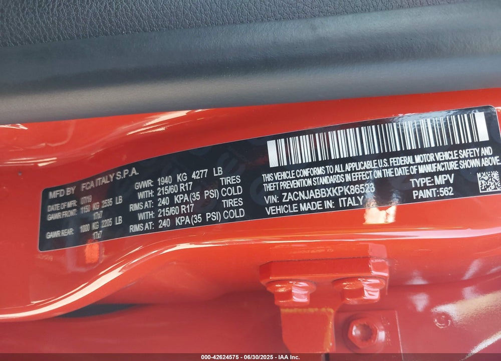 2019 JEEP RENEGADE VIN: ZACNJABBXKPK86523