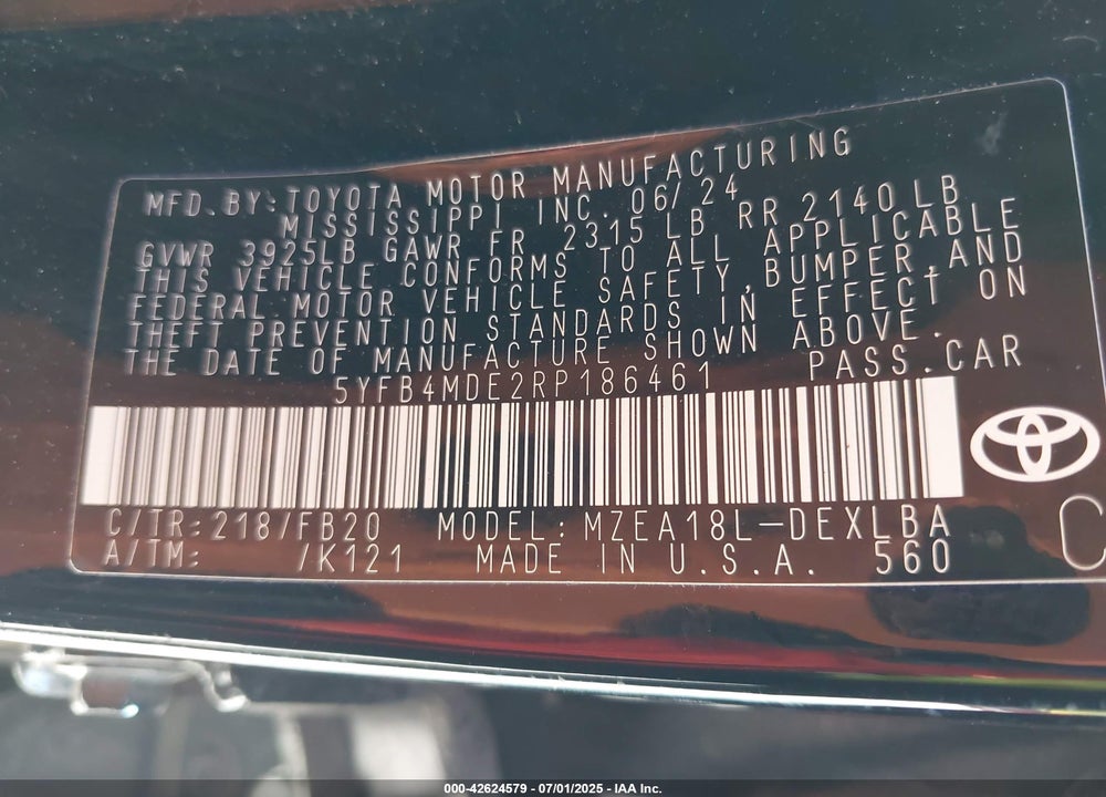 2024 TOYOTA COROLLA VIN: 5YFB4MDE2RP186461