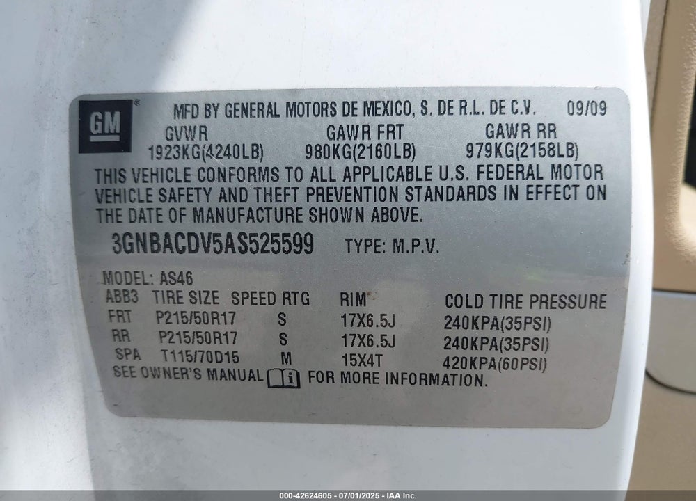 2010 CHEVROLET HHR VIN: 3GNBACDV5AS525599