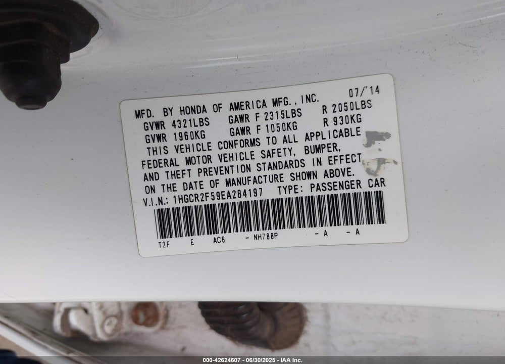2014 HONDA ACCORD VIN: 1HGCR2F59EA284197