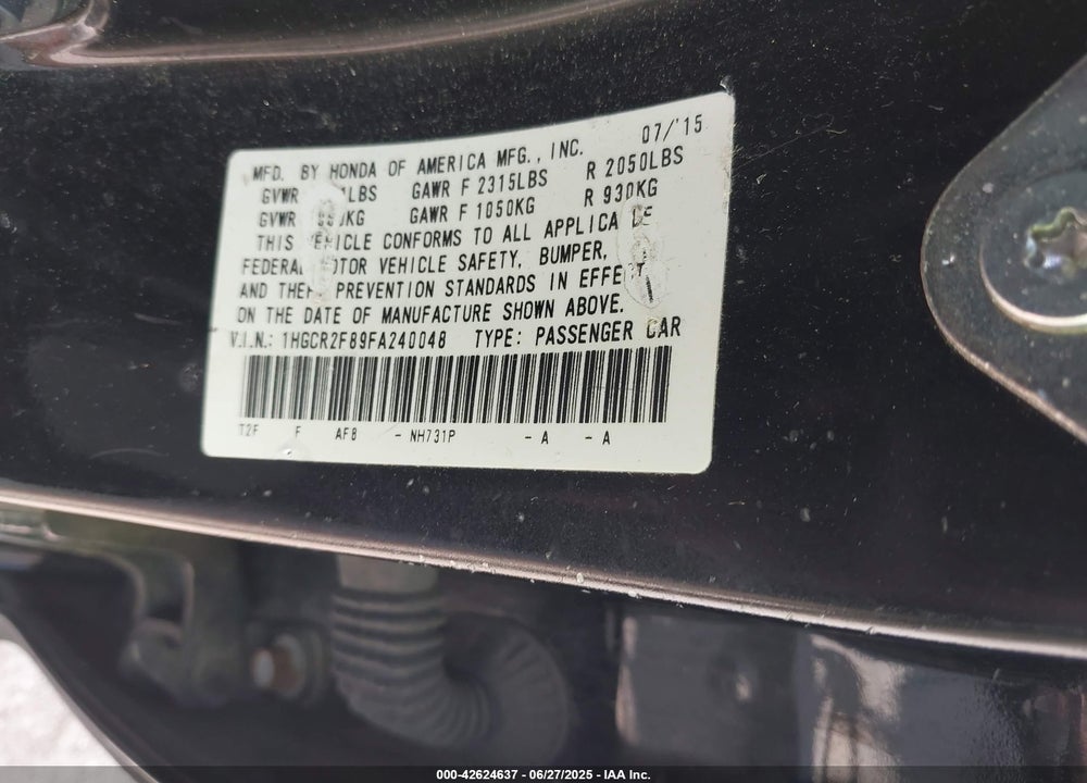 2015 HONDA ACCORD VIN: 1HGCR2F89FA240048