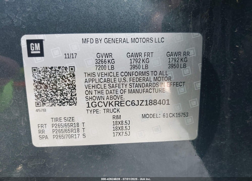 2018 CHEVROLET SILVERADO 1500 VIN: 1GCVKREC6JZ188401