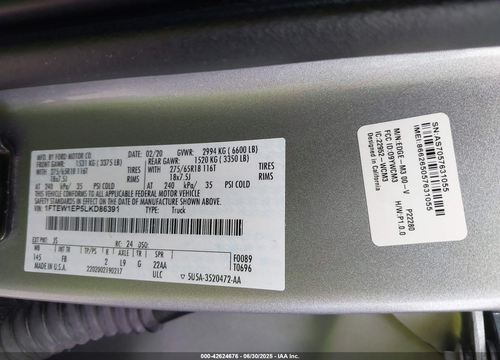 2020 FORD F-150 VIN: 1FTEW1EP5LKD86391