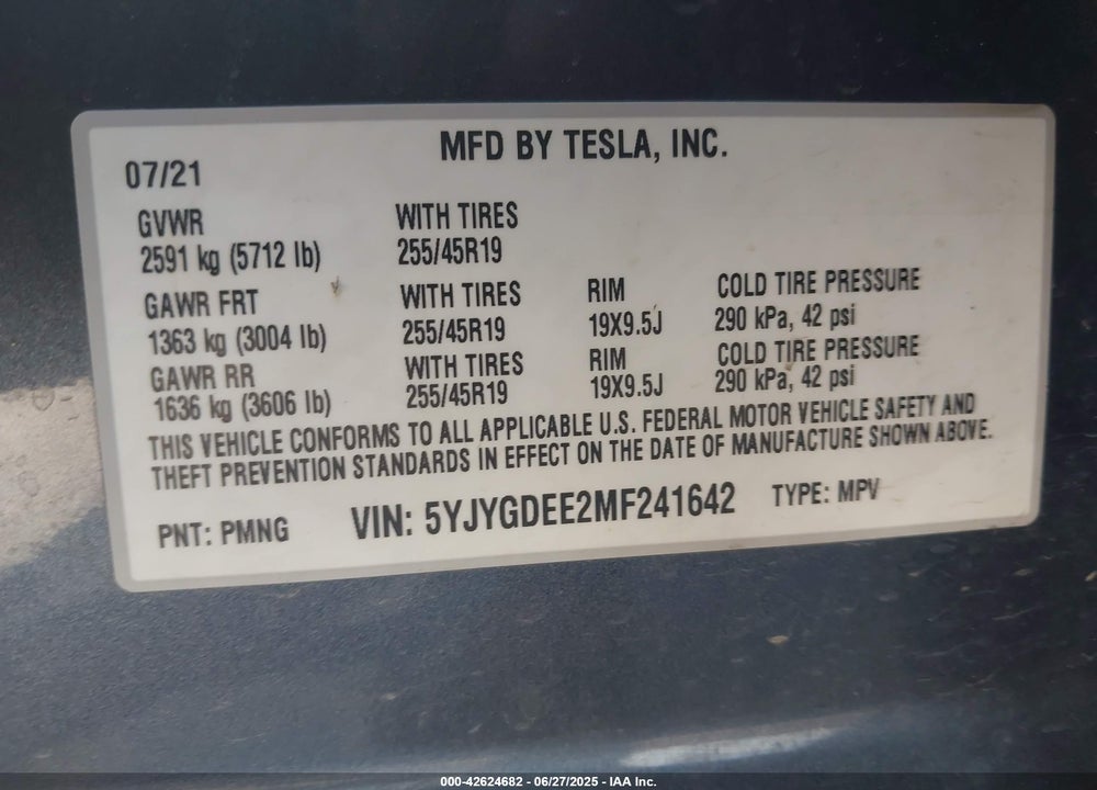 2021 TESLA MODEL Y VIN: 5YJYGDEE2MF241642